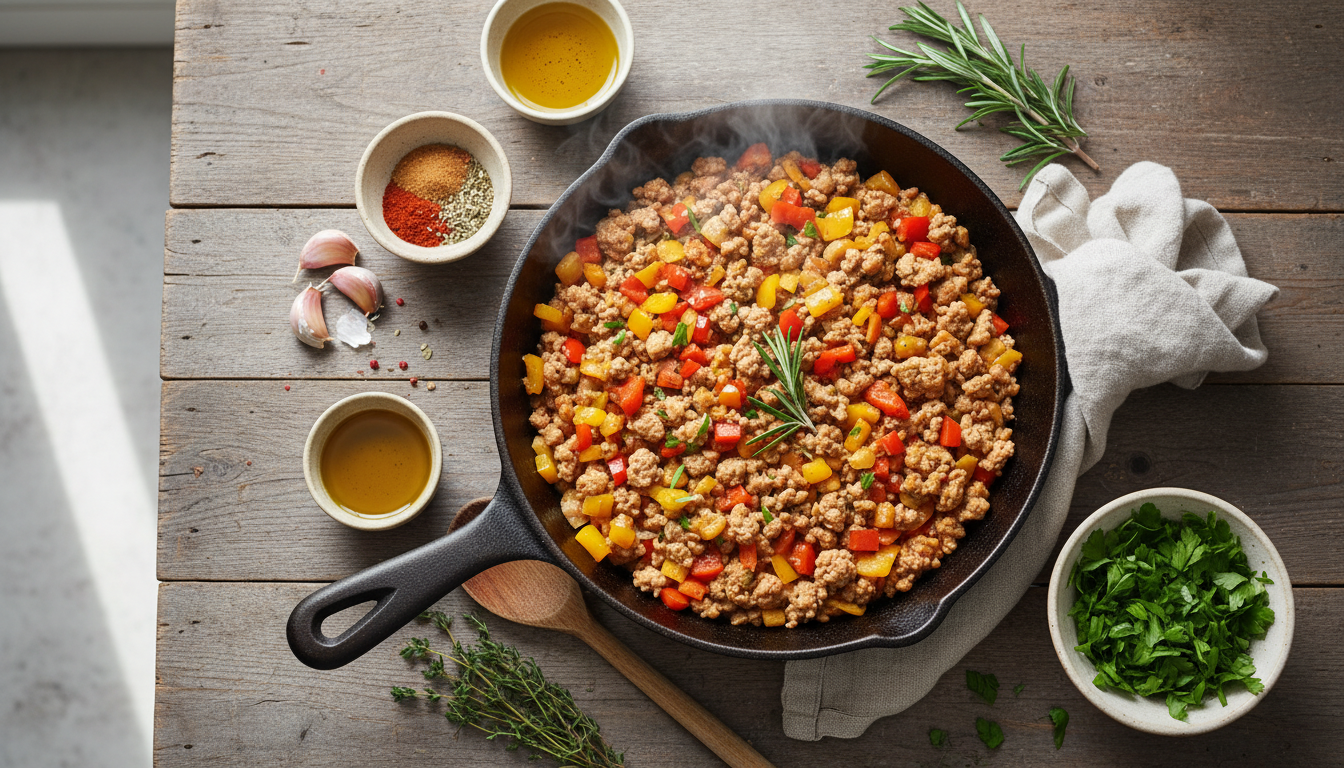 A skillet filled with cooked ground turkey and colorful vegetables, surrounded by fresh herbs and spices on a rustic wooden table.
