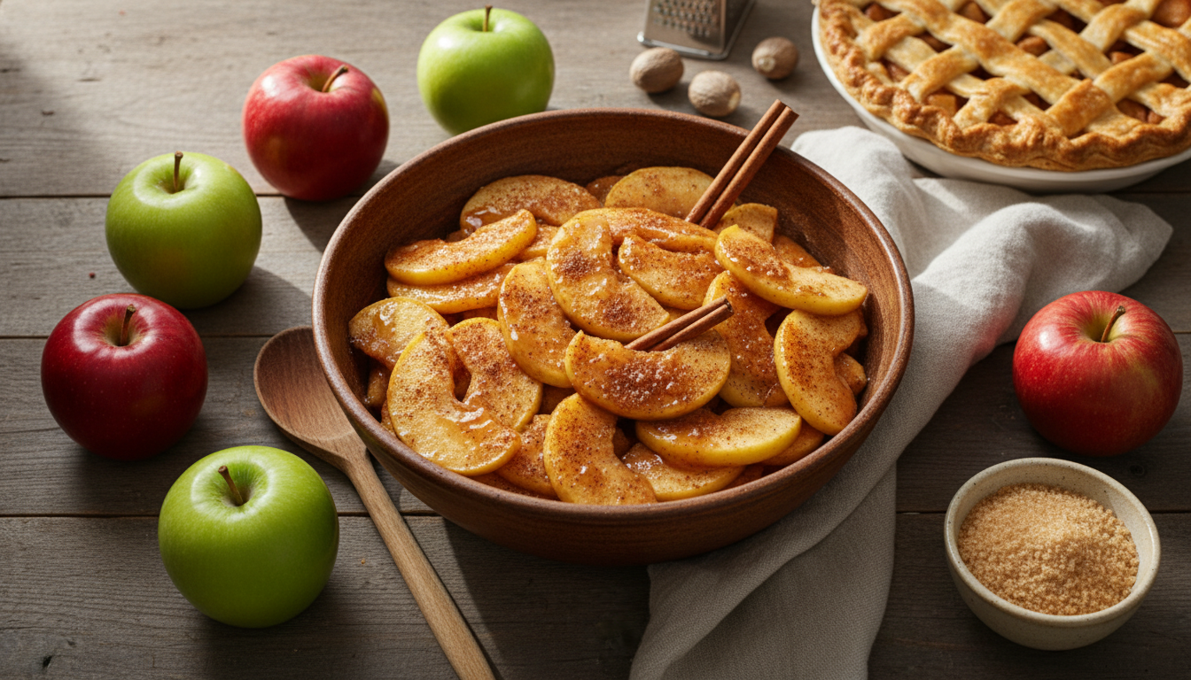 "Homemade apple pie filling with cinnamon-coated apple slices in a rustic wooden bowl surrounded by fresh apples, cinnamon sticks, and a golden lattice pie on a wooden table"