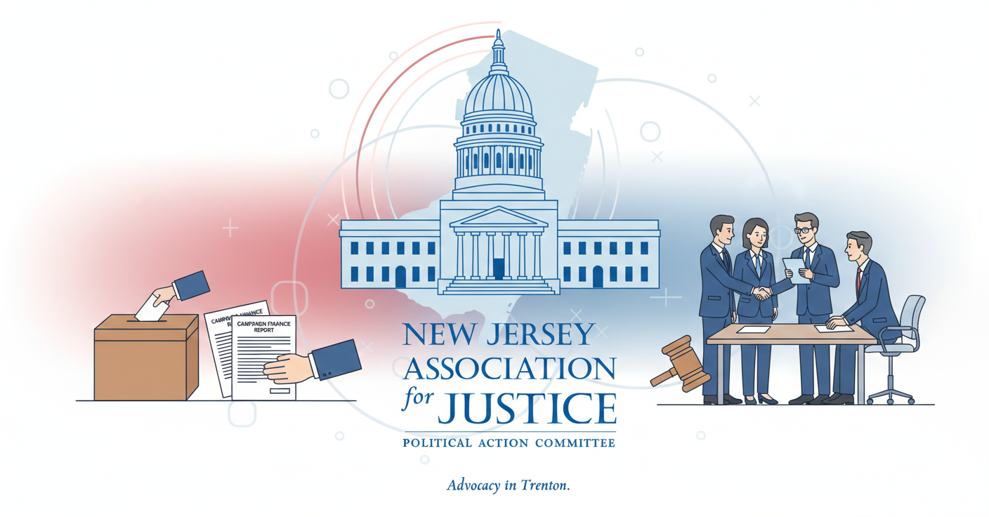 Illustration showing the New Jersey Association for Justice Political Action Committee with the State Capitol, people voting, and officials meeting to represent political advocacy in Trenton.