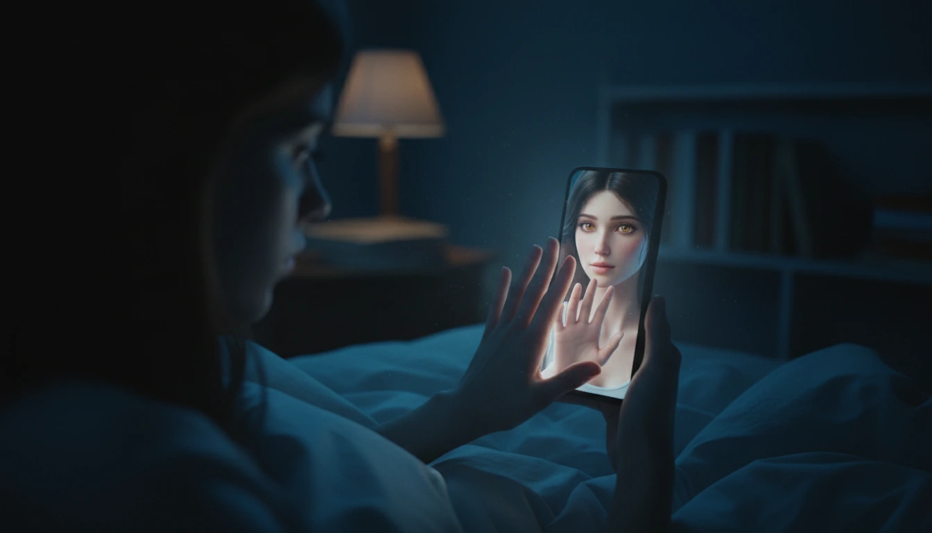 A person in a dark room touches their phone screen showing a realistic AI companion from Candy.ai, symbolizing digital intimacy and emotional connection.