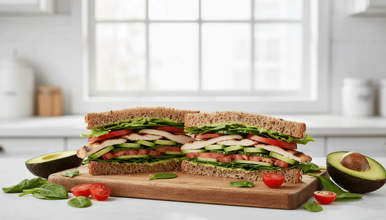 Healthy sandwich with grilled chicken, avocado, tomatoes, and lettuce on whole grain bread on a cutting board.