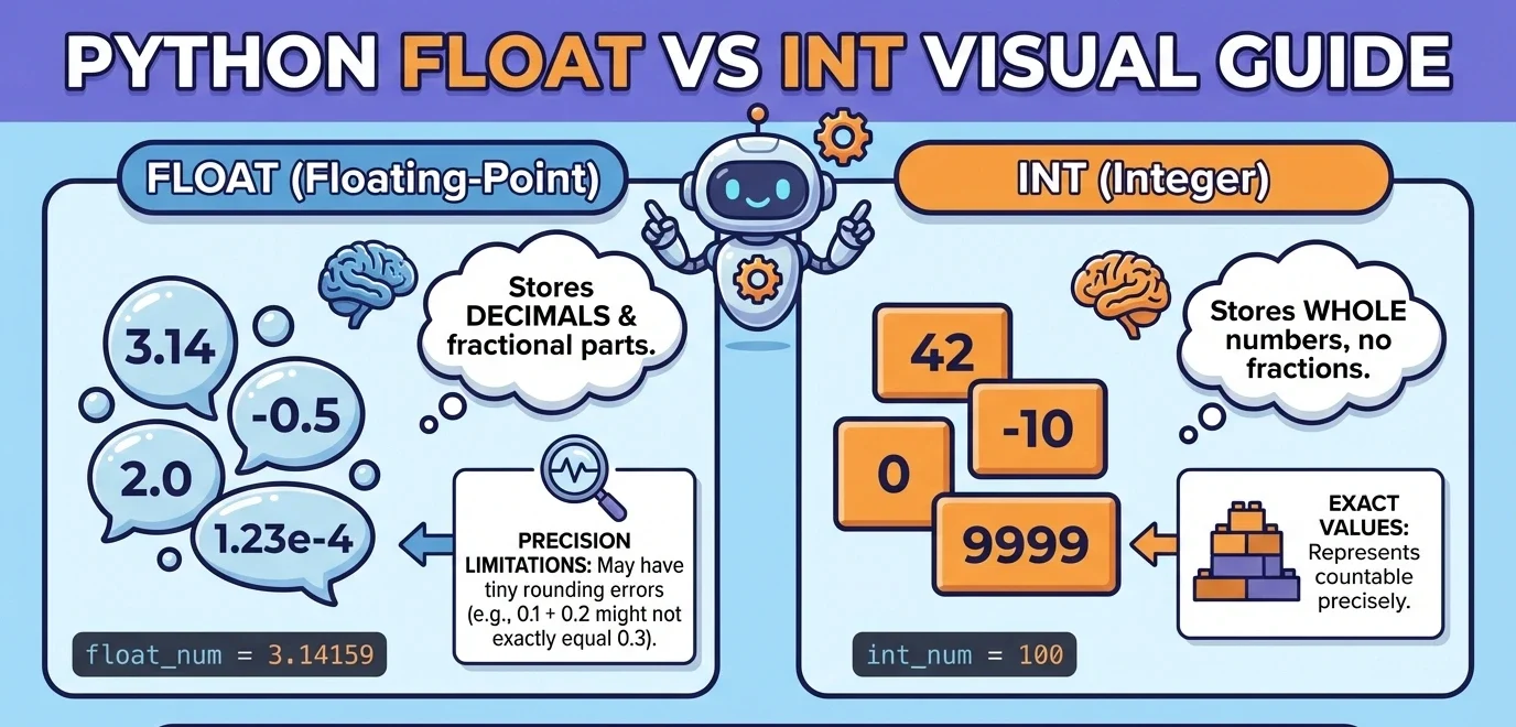 Python float vs int visual guide showing floats with decimals and ints with whole numbers, plus a note about precision limits.