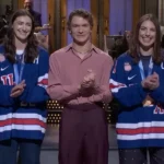 Team USA women’s hockey stars Hilary Knight and Megan Keller on the SNL stage.